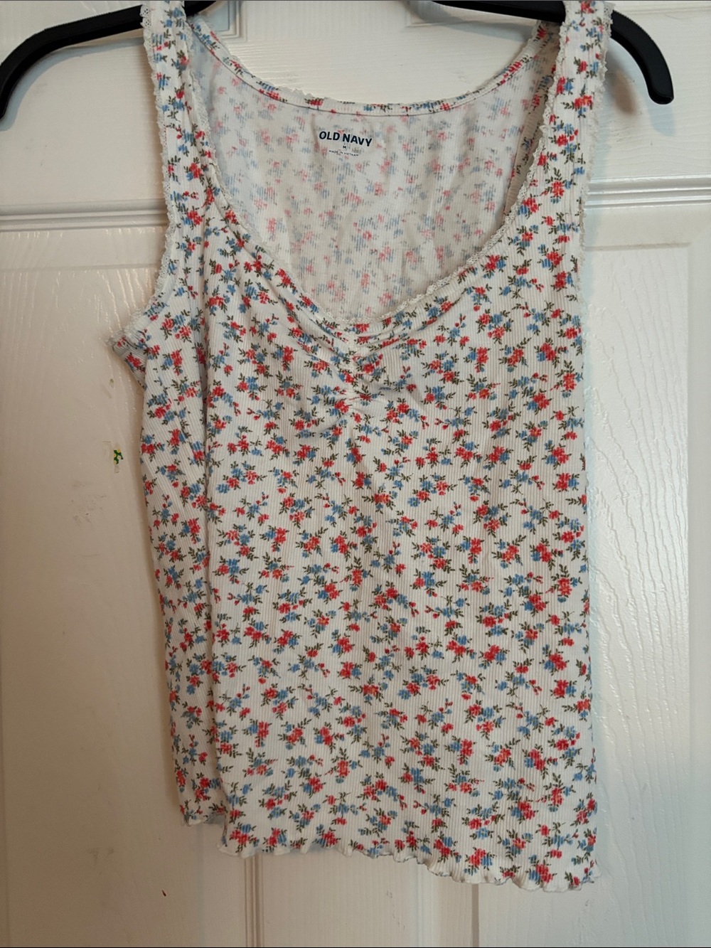 Old Navy White Ribbed Tank with Red and Blue Floral Print